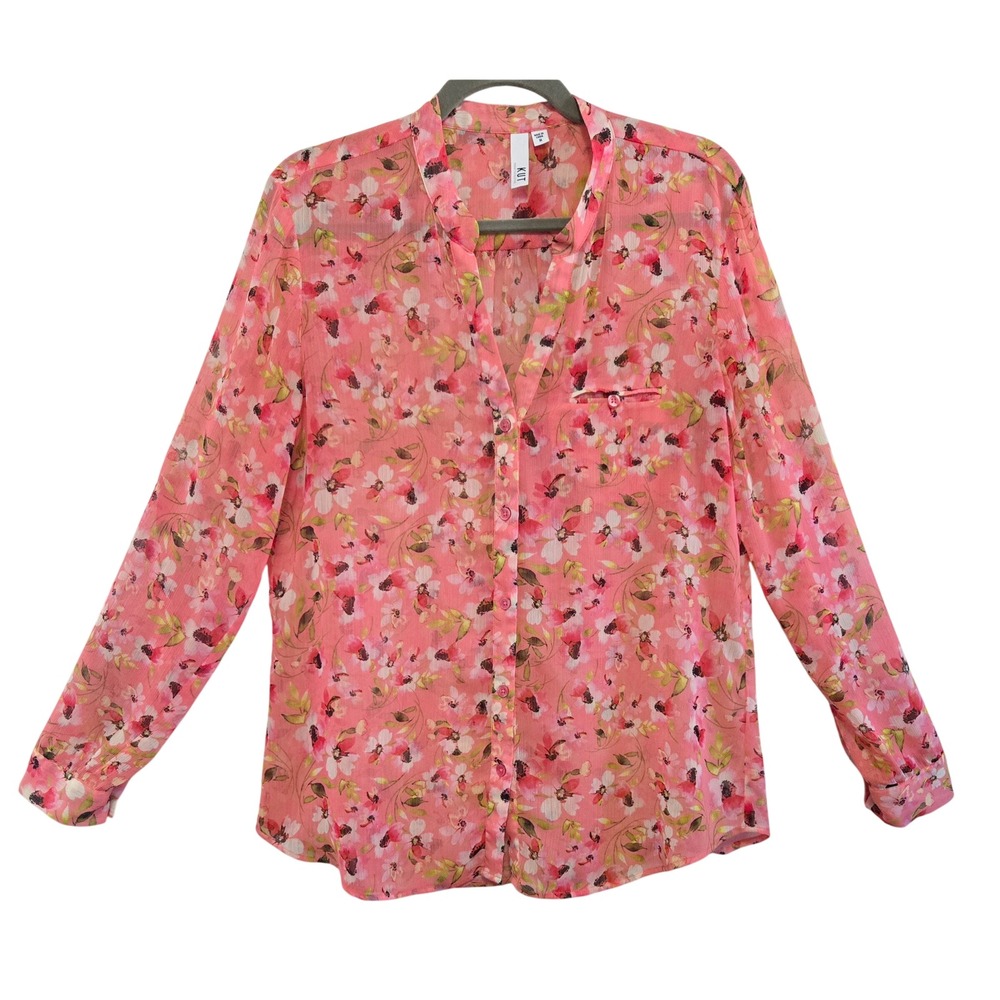 KUT from the Kloth Womens Chic Coral Floral Button Down Blouse Long Sleeve Sz M